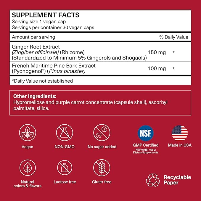 Long-Haul Circulation | Reduce Swollen Legs, Ankles, Feet | Relieve Leg Discomfort from Long Flights | Travel Essentials | Pycnogenol 100 mg & Ginger Root Extract | 30 Servings (Vegan Caps)