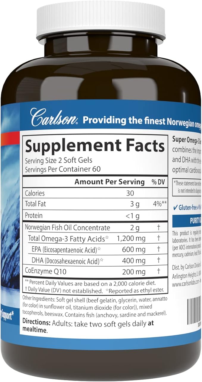 Carlson - Super Omega-3 Gems + CoQ10, 1200 mg Omega-3s 200 mg CoQ10, Circulation Function, Energy Production & Circulatory Support, 120 Softgels