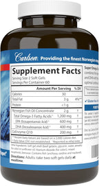 Carlson - Super Omega-3 Gems + CoQ10, 1200 mg Omega-3s 200 mg CoQ10, Circulation Function, Energy Production & Circulatory Support, 120 Softgels