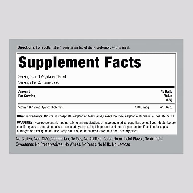 Piping Rock Vitamin B12 1000 mcg | 220 Tablets | as Cyanocobalamin | Vegetarian, Non-GMO, Gluten Free Supplement