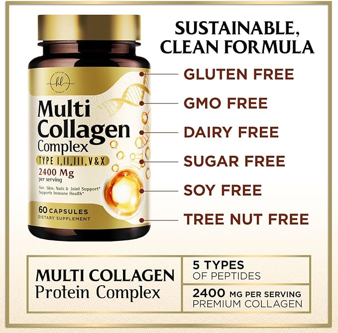 Multi Collagen Peptides for Women & Men - 2400mg per Serving - Best Hydrolyzed Collagen Complex with Type I, II, III, V, X - Hair, Skin, Nails & Joint Support Supplement - Bottled USA - 60 Capsules