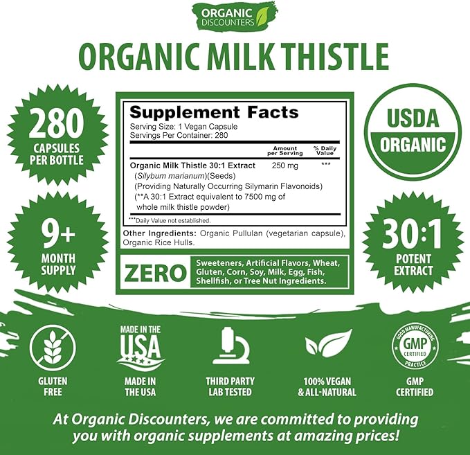 USDA Organic Milk Thistle 30:1 Extract Capsules, 280 Vegan Capsules, Rich in Silymarin Flavonoids, Liver Cleanse and Liver Detox Support, Standardized 30X Extract, Made in the USA