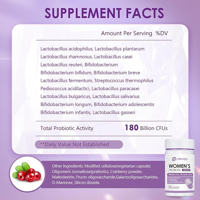 OMOGS Women's Probiotic 180 Billion CFUs 18 Strains, with Organic Prebiotics, Cranberry Extract, D-Mannose & Digestive Enzymes, for Digestive, Boost Immune, PH Balance & Urethral Health, 90 Capsules