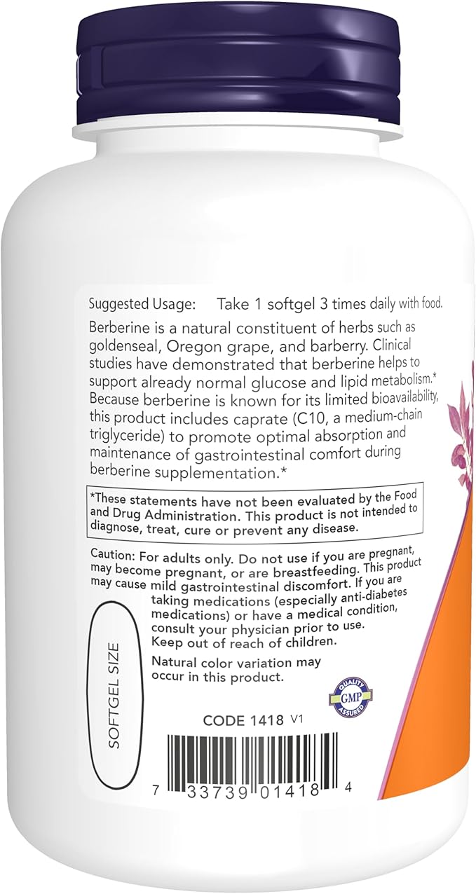 NOW Foods Supplements, Berberine Glucose Support, Combined with MCT Oil for Optimal Berberine Absorption, 90 Softgels