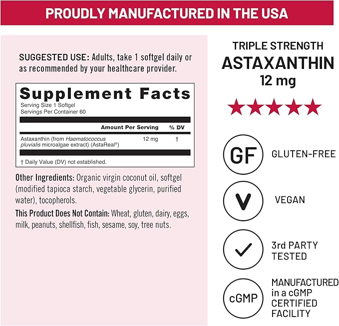 NatureWise Triple Strength Astaxanthin 12mg with AstaReal® - Vegan Antioxidant Supplement with Organic Coconut Oil - NSF Certified Gluten Free, Non-GMO - 60 Softgels[60 Day Supply]