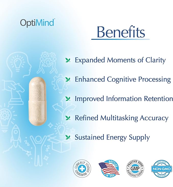 Optimind Brain Supplement for Memory and Focus, Nootropic with Synapsa®, Phosphatidylserine, Vitamin B1 B12, Non-GMO, Mental Clarity, Cognitive Support, Clinically Studied Ingredients, 64 Capsules