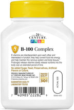 21st Century B-100 Complex Prolonged Release Tablets, 60 Count (Pack of 1), High Potency Vitamin B Complex for Nervous System, Energy Support, Includes Vitamin B1, B2, B6, Biotin & Calcium