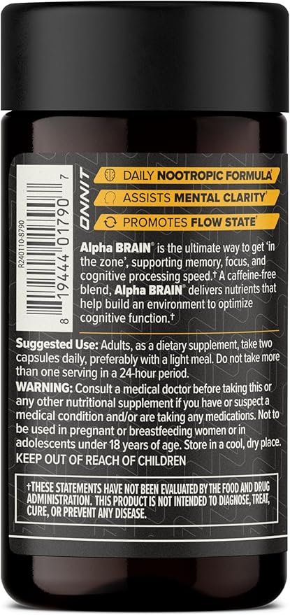 ONNIT Alpha Brain Nootropic Brain Supplement for Focus, Memory, Mental Clarity, Cognitive Support with L-Theanine and Vitamin B6, 60 Count Capsules