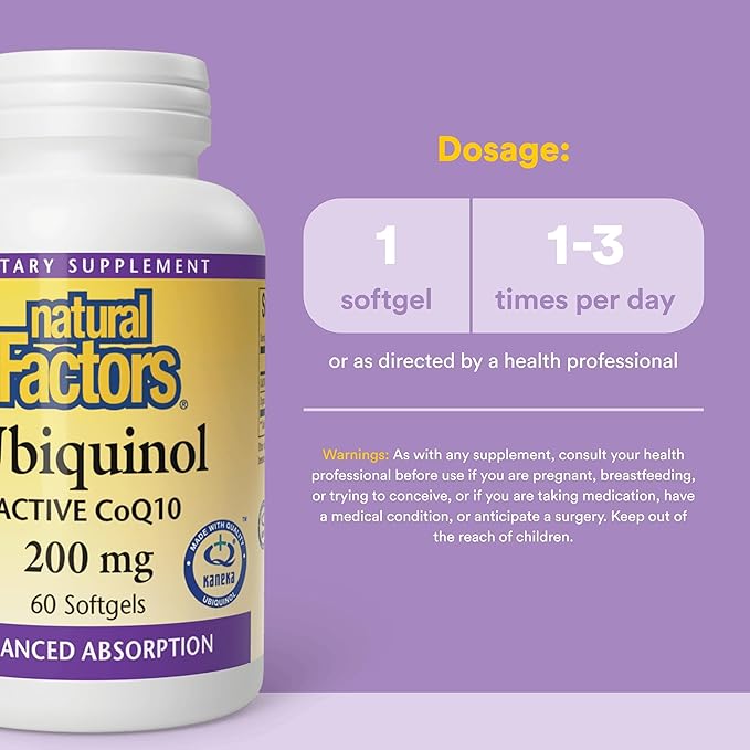 Natural Factors Ubiquinol 200 mg - Supports Heart Health & Natural Vitality - Antioxidant Support Supplement with Superior Absorption - Energy Support with Flaxseed Oil - 60 Softgels (60 Servings)