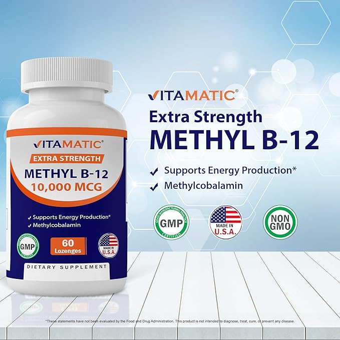 Vitamatic Methyl B12 (Methylcobalamin) 10,000 mcg – 60 Lozenges – Superior Source of Vitamin B12 for Energy & Nerve Health (Pack of 2)