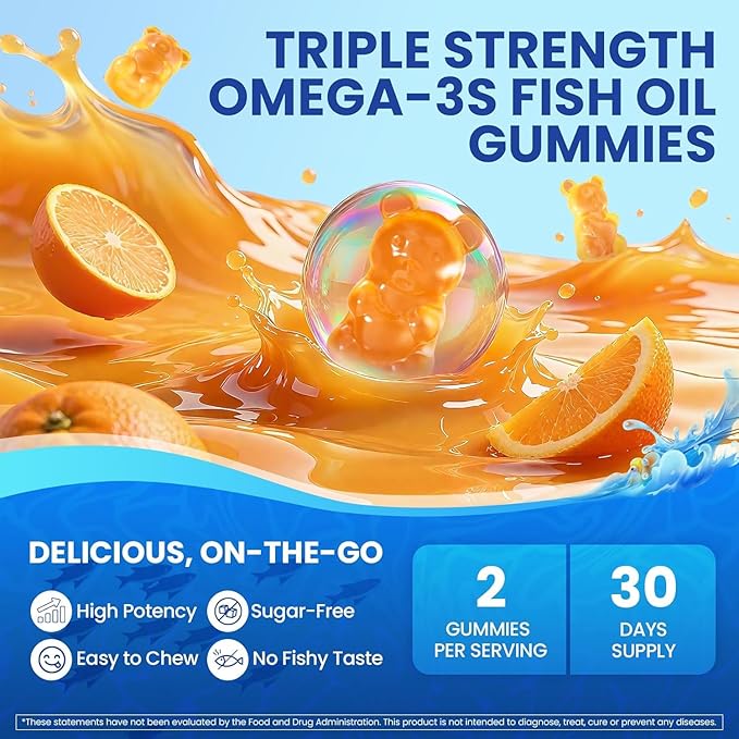Fish Oil Omega 3 Gummies 1500mg for Adults - Triple Strength with EPA & DHA, COQ10, Red Yeast Rice - Wild Caught Omega 3 Fatty Acids Supplements for Hḙar-t & Brain - Sugar Free, Burpless, 60 Count