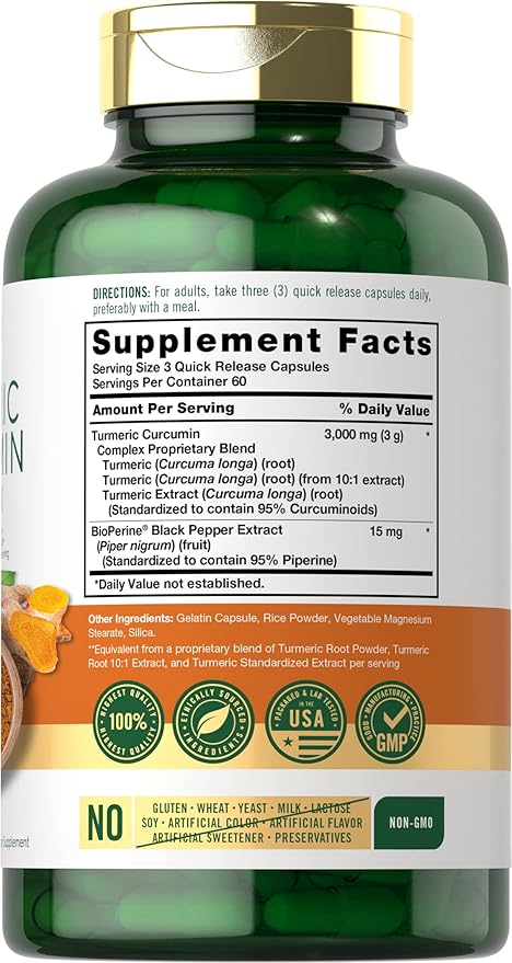 Carlyle Turmeric Curcumin Supplement | 180 Capsules | with Black Pepper, Curcuminoids and Bioperine | Non-GMO, Gluten Free
