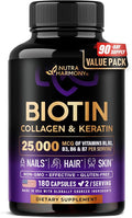 Biotin | Collagen | Hyaluronic Acid | Keratin - Clinically Tested Supplement - Hair Growth Support, Skin & Nails - 25000 mcg Vitamins B2, B3, B6 & B7 + B1 - Made in USA - Women & Men | 180 Capsules