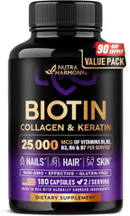 Biotin | Collagen | Hyaluronic Acid | Keratin - Clinically Tested Supplement - Hair Growth Support, Skin & Nails - 25000 mcg Vitamins B2, B3, B6 & B7 + B1 - Made in USA - Women & Men | 180 Capsules