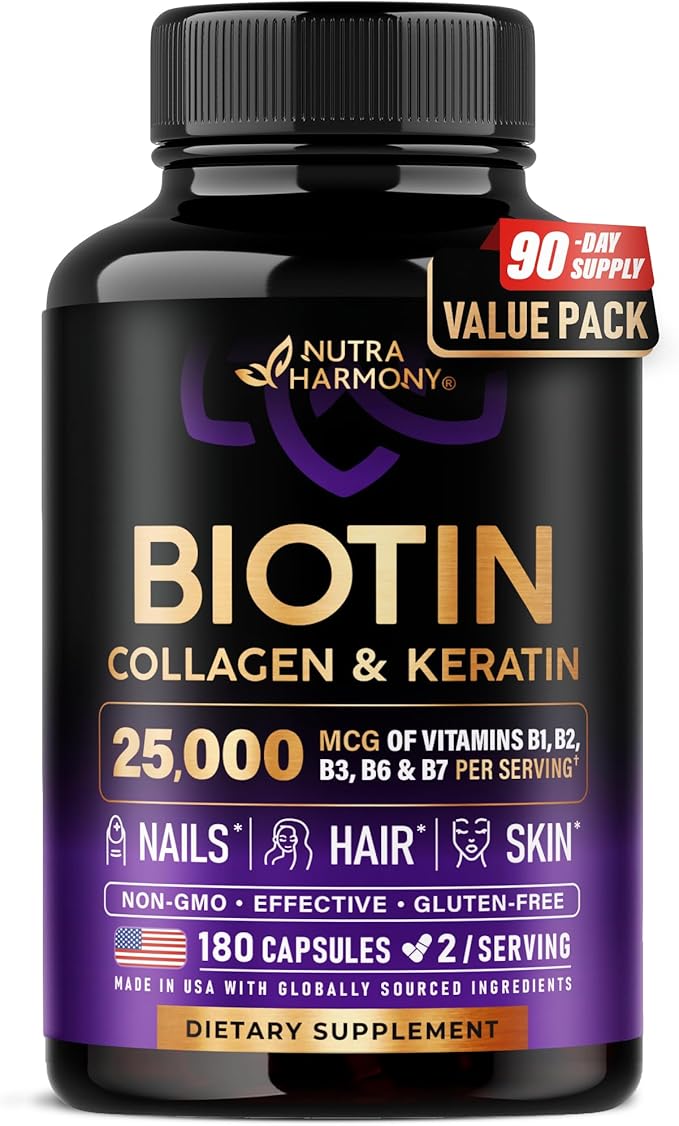 Biotin | Collagen | Hyaluronic Acid | Keratin - Clinically Tested Supplement - Hair Growth Support, Skin & Nails - 25000 mcg Vitamins B2, B3, B6 & B7 + B1 - Made in USA - Women & Men | 180 Capsules