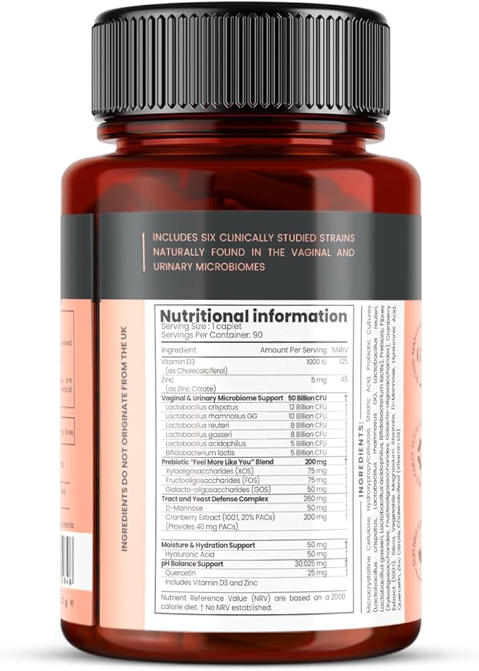 Veev Intimate Flora – Vaginal & Gut Microbiome Support – 50 Billion CFU Probiotics with Prebiotics, Cranberry, D-Mannose & Hyaluronic Acid – 180 Caplets (2 x 90) – 6-Month Supply