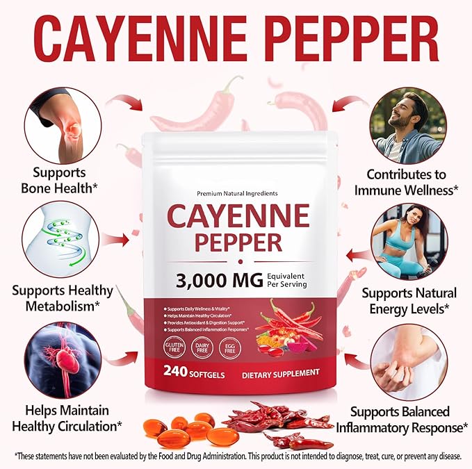 Premium Cayenne Pepper Capsules with Turmeric Curcumin & Beet Root Extract | Supports Cardiovascular Health, Blood Circulation | Potent Capsaicin Supplement, Easy-to-Swallow Softgels (240 Count)