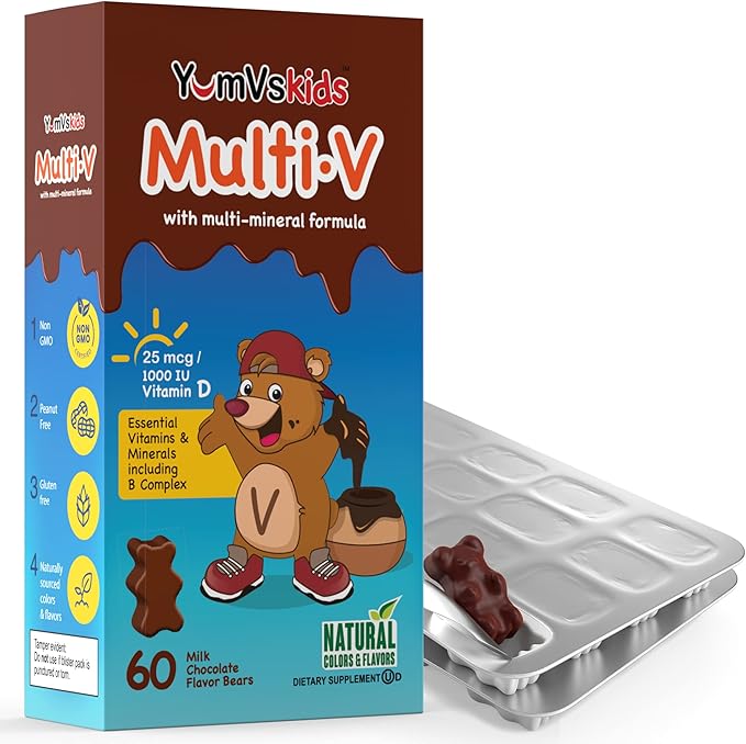 YUM-V'S Kids Multivitamin Chocolate Bears for Immune & Bone Support – 16 Kids Vitamins & Minerals with A, B Complex, Magnesium & Zinc – Daily Toddler Vitamins in Milk Chocolate – 60 Count, Pack of 1