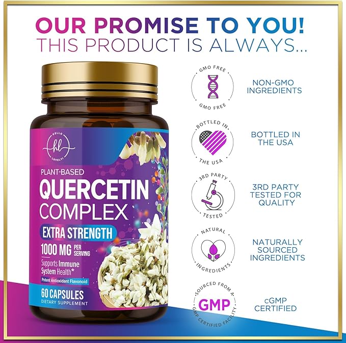 Quercetin Dihydrate 1000mg per Serving - Premium Plant-Based Bioflavonoids - Extra Strength Antioxidant Immune & Respiratory Health Support - High Absorption Quercetin Dihydrate - 60 Veggie Capsules