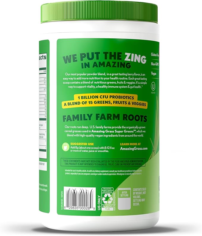 Amazing Grass Greens Blend Superfood: Super Greens Powder Smoothie Mix with Spirulina, Chlorella, Beet Root Powder, Digestive Enzymes & Probiotics, Berry, 60 Servings (Packaging May Vary)