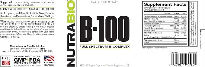 NutraBio B-100, B Vitamin Complex, Immune System Support, Healthy Hair, Skin, Nails, 90 Vegetable Capsules