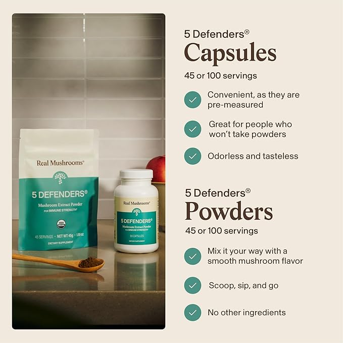 Real Mushrooms 5 Defenders - Adaptogenic Mushrooms Complex with Chaga, Reishi, Turkey Tail, Maitake & Shiitake for Wellness Support - Mushroom Beta Glucan Capsules - 90 Count