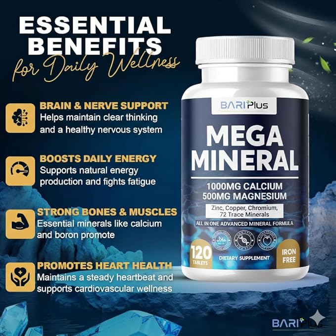 Mega Mineral – Complete Complex with Vitamin D, Calcium, Magnesium, Zinc, Potassium, Boron, Selenium, Chromium & Trace Minerals – Iron-Free – USA Made -Halal (120 Tablets)
