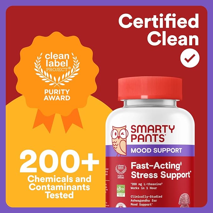 SmartyPants Adult Stress Support Gummies: Fast-Acting Calm & Mood Support with L-Theanine 200mg & Ashwagandha (Sensoril), Non-Drowsy, Mixed Berry Flavor, 60 Count (30 Day Supply)