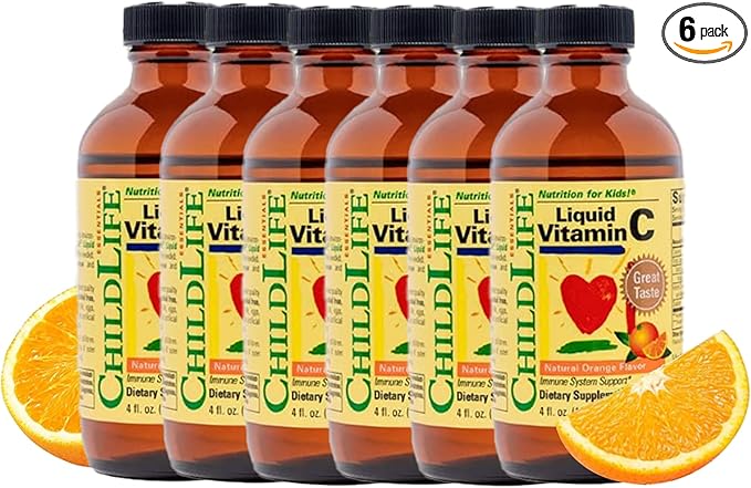 CHILDLIFE ESSENTIALS Liquid Vitamin C - Pure Vitamin C Liquid Supplement for Kids, Immune System Support, Great Taste - Natural Orange Flavor, 4 Fl Oz (Pack of 6)
