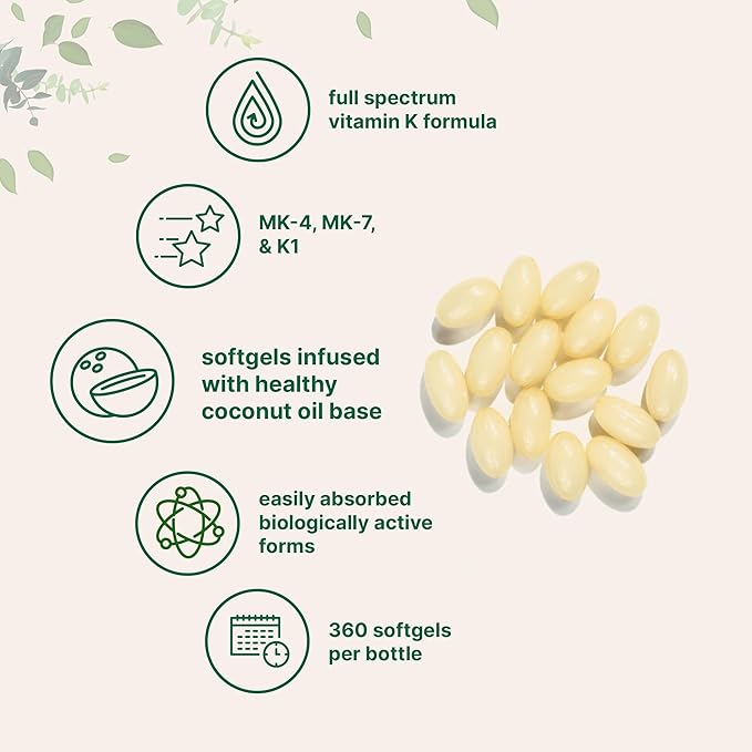 Super Vitamin K Complex (K2 MK7 + MK4 & K1), 360 Coconut Oil Softgles | Easily Absorbed K Vitamins, Active Menaquinone Complex | Non-GMO