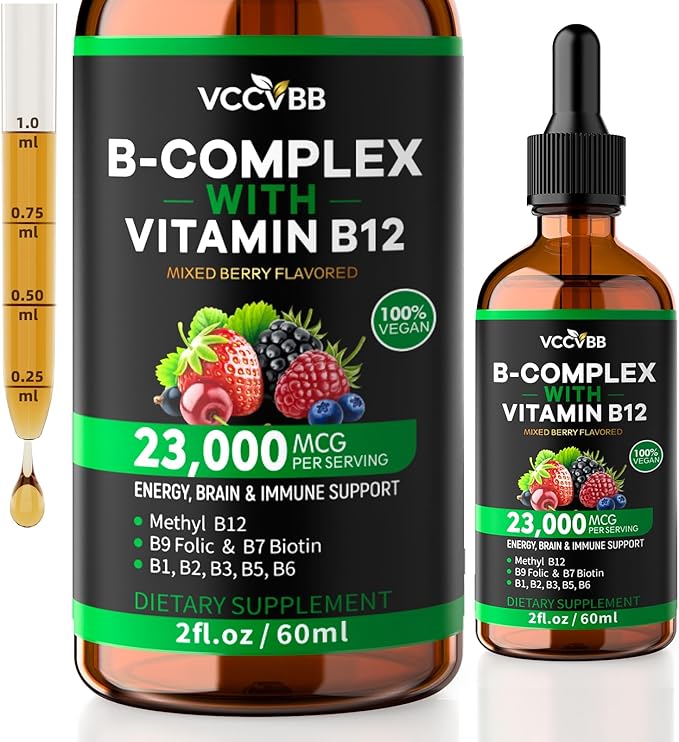 Vitamin B Complex Drops, Active B12 Methylcobalamin 5000mcg, B6, B1, B2, B5, B7, B3, Folate with Vitamin C, B12 Sublingual Liquid Fast Absorption | Boost Energy, Focus & Immunity, Vegan | 60 Servings