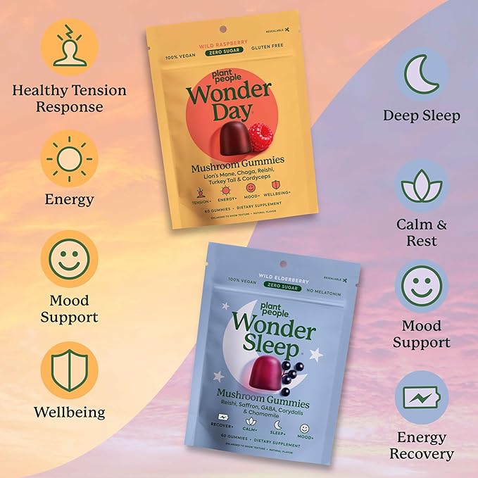 Plant People WonderDay & WonderSleep Mushroom Gummies Bundle – Daily Energy, Mood & Immune Support + Nighttime Sleep & Relaxation – Vegan - 60 Count Each