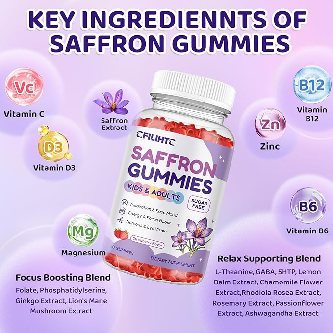 Saffron Gummies for Kids & Adults, 20-in-1 Saffron Supplements with 88.5mg Saffron Extract, B6, B12, C, D3, Magnesium for Calm, Focus, Nerve, Sugar Free, Vegan, Non-GMO - Strawberry Flavor, 60 Counts