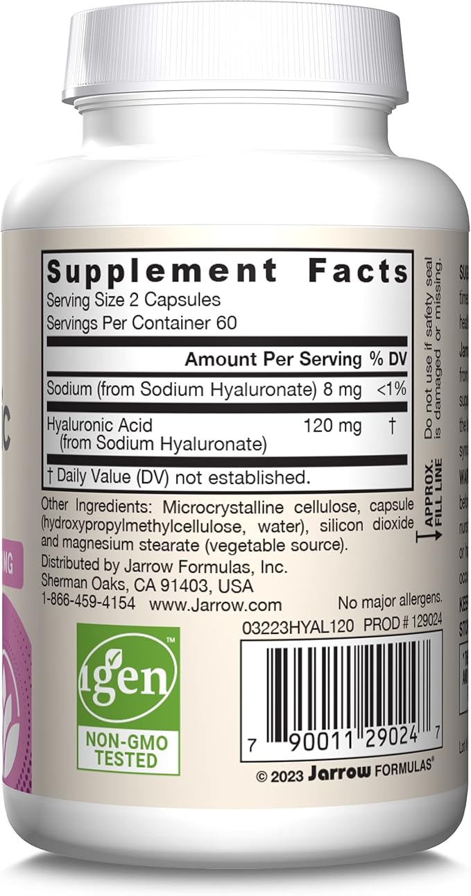 Jarrow Formulas Hyaluronic Acid 120 mg, Dietary Supplement, Skin Health Support, 120 Veggie Capsules, Up to 60 Day Supply, Pack of 12