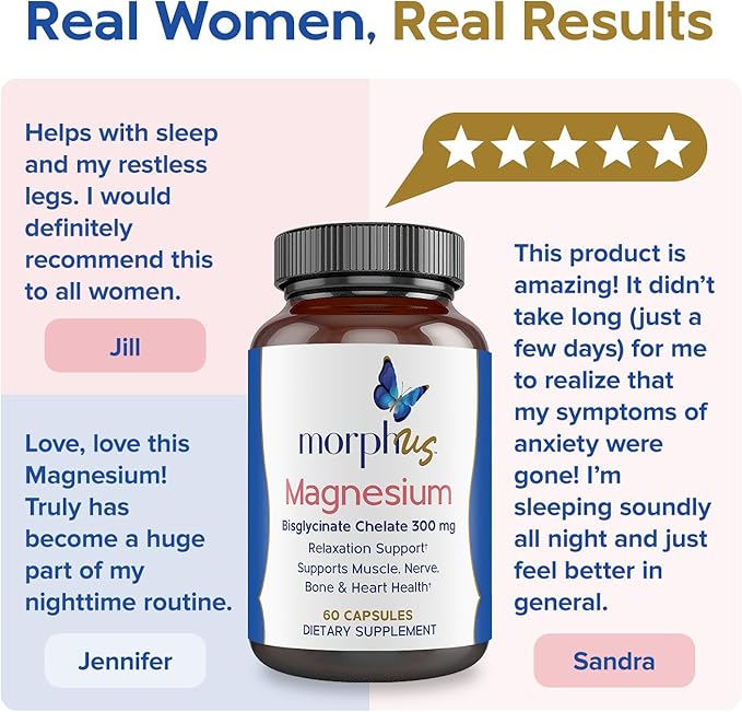 Morphus Magnesium Bisglycinate Chelate 300mg Supplement | 60 Capsules | Helps Women with Perimenopause & Menopause Symptoms | Restful Sleep, De-Stress, Relaxes Muscles & Nerves | Fast Absorption