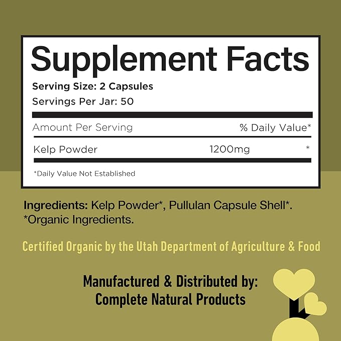 Complete Natural Products Organic Icelandic Sea Kelp Capsules - Pure 600mg Capsules, 100 Pills, Raw Seaweed & Thyroid Support Supplement