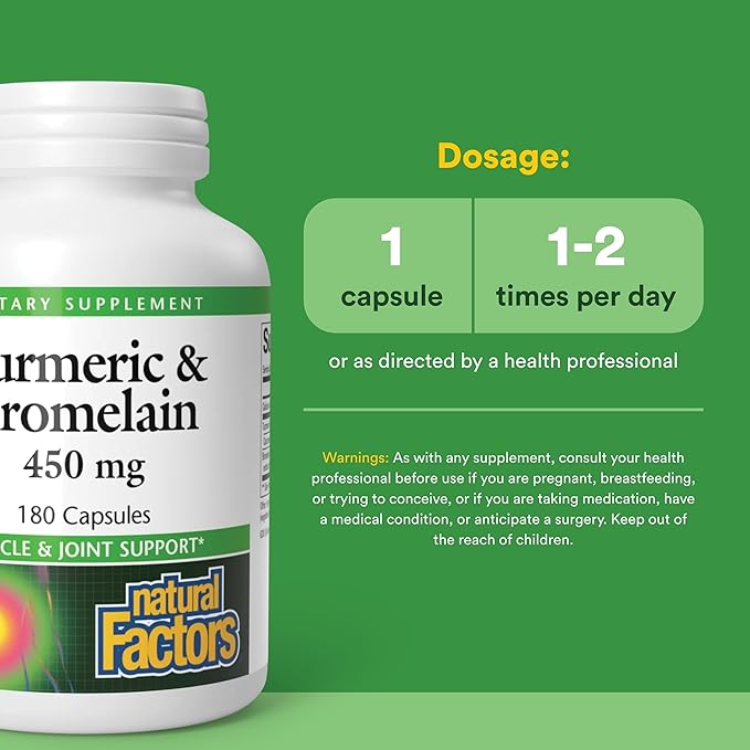 Natural Factors, Turmeric & Bromelain 450 mg, Muscle and Joint Support, 180 Capsules