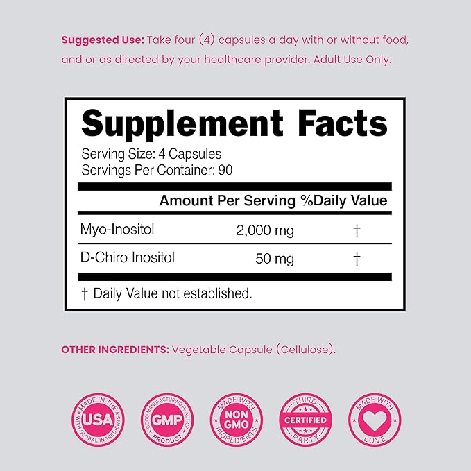 Myo-Inositol & D-Chiro Inositol Supplement For Women (360 Capsules, 2050mg Per Serving Ideal 40:1 Ratio Myo Inositol) Hormone Balance for Women - Third Party Tested, Vegan Safe & USA Made - 360 Count