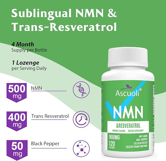 Sublingual NMN 500mg + Trans-Resveratrol 400mg, 3-in-1 Advanced Formula 99% Pure NMN Resveratrol Supplement for Boost* NAD, Cell, Immune, Energy & Muscle, Anti-Aging, 120 Lozenges (120-Day Supply)