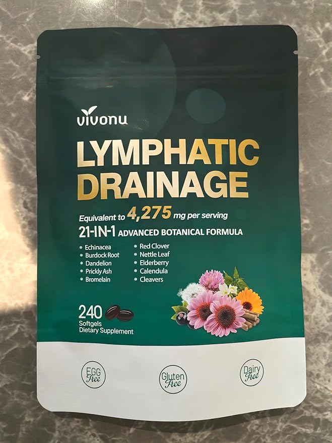 Lymphatic Drainage Supplements, 960 Softgels, Lymph System Support Supplement for Women & Men, 21-in-1 Herbal Blend with Echinacea, Dandelion, Burdock, Bromelain, Calendula, Turmeric & More, 4 Bag