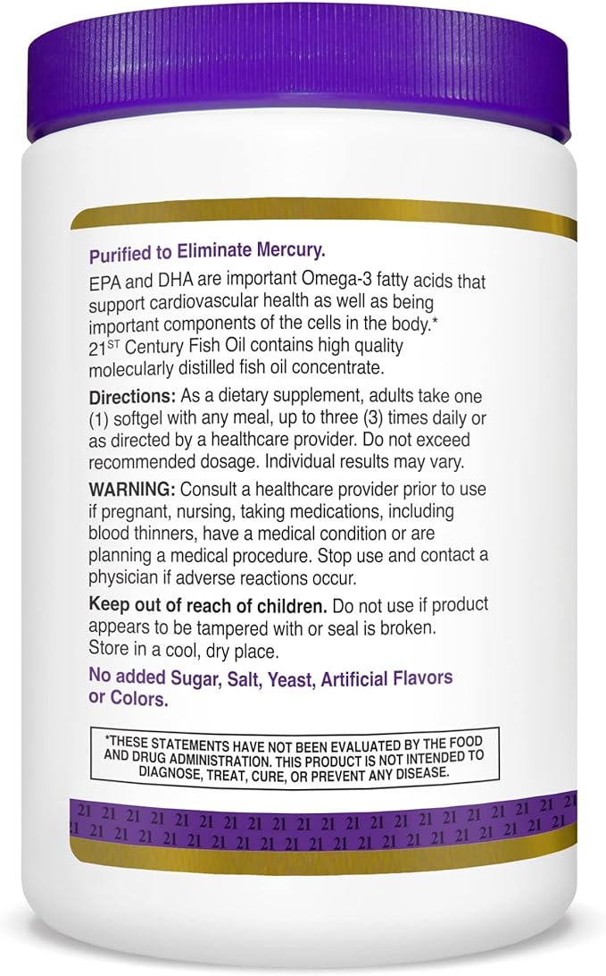 21st Century Fish Oil 1000 mg Softgels, (300 Count), Molecularly Distilled, Omega 3 Supplement with EPA & DHA, Purified to Eliminate Mercury, Supports Cardiovascular Health, Gluten Free & Non-GMO