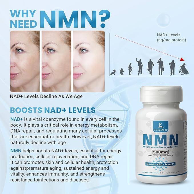 NMN 500mg, Max Absorbency & Fast-Acting NMN Supplement, 99% Pure NMN (Nicotinamide Mononucleotide) for Boosts NAD+ Levels, Cell, Immune, Energy, Muscle, Anti-Aging, Longevity, Women & Men