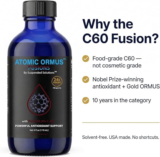 Atomic ORMUS Fusions C60 Monoatomic Gold – 4oz Liquid, 99.9% Pure C60 Carbon 60 + 24k Gold ORMUS, Solvent Free, Energy & Longevity Supplement