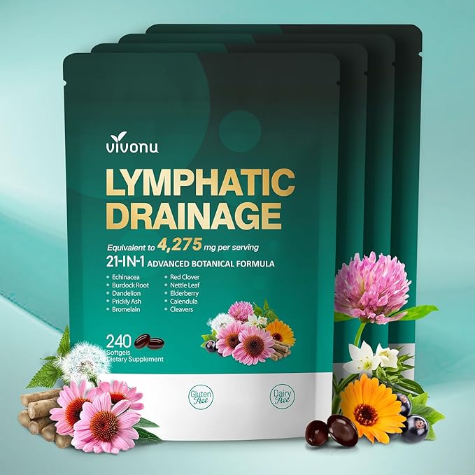 Lymphatic Drainage Supplements, 960 Softgels, Lymph System Support Supplement for Women & Men, 21-in-1 Herbal Blend with Echinacea, Dandelion, Burdock, Bromelain, Calendula, Turmeric & More, 4 Bag