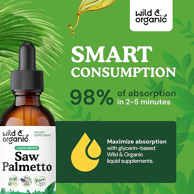 Wild & Organic Saw Palmetto for Men & Women - Urinary & Hair Support - Liquid Saw Palmetto Extract - Add to Tea Drops - Serenoa Repens Supplement - Vegan, Sugar & Alcohol-Free Tincture - 2 fl oz