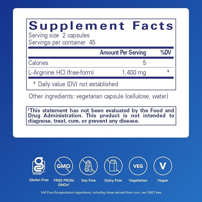 Pure Encapsulations L-Arginine - 1,400 mg - Support Nitric Oxide Production - Heart Health & Blood Flow - Gluten Free & Non-GMO - 90 Capsules