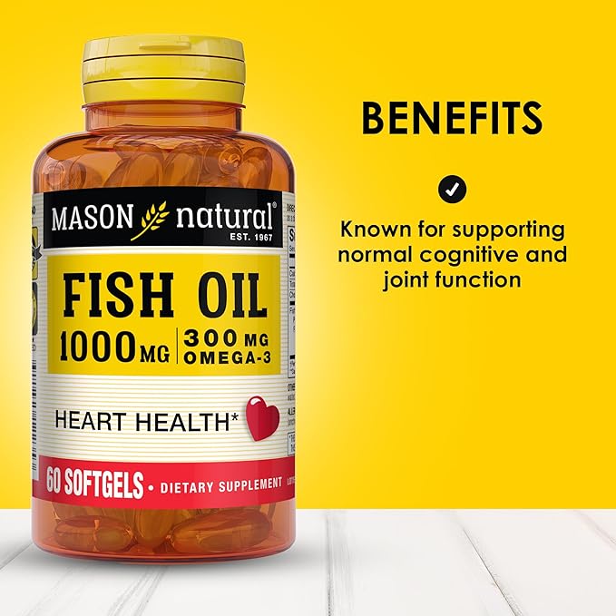 MASON NATURAL Omega,3 Fish Oil, 180,Day Supply, 1000mg with EPA and DHA for Joint Support, 60 Softgel Pills (3 Pack)