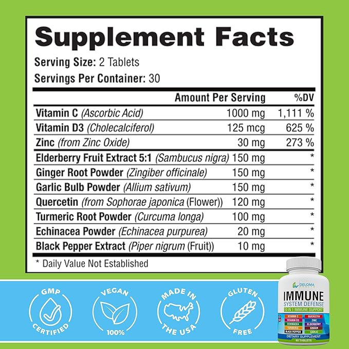 10 in 1 Immune System Support Supplement - Vitamin C (1000 mg), Quercetin, Vitamin D3 (5000iu), Zinc (40 mg), Elderberry, Echinacea, Turmeric, Ginger, Garlic, Black Pepper