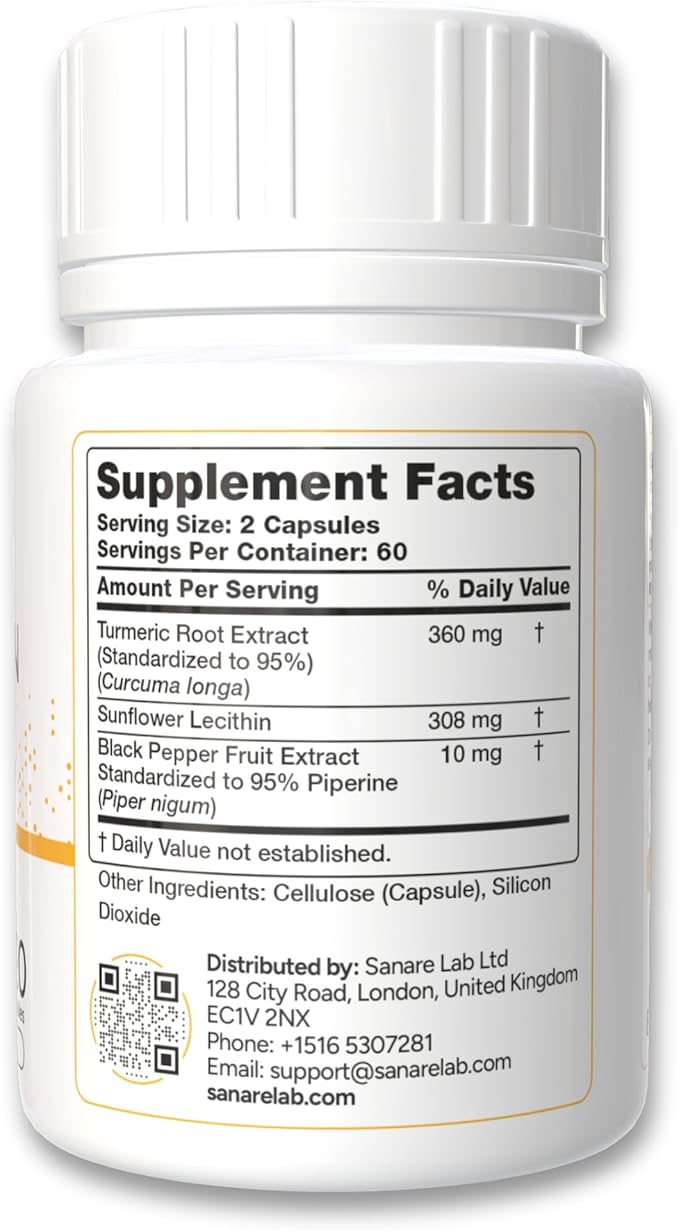 Curcumin Turmeric 360 mg per Serving, 120 Capsules with Black Pepper & Phytosome Extract | Joint & Cellular Support