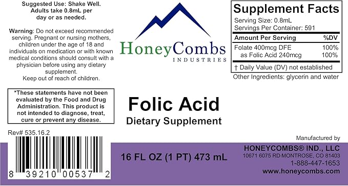 HoneyCombs Vitamin B9 Liquid Drops - High Potency Liquid Vitamin B9 Folic Acid Supplement for Women - Maintain Healthy Liver, Pregnancy, & Overall Health - Cold Pressed Vegan Vitamins Drops (16 Fl oz)